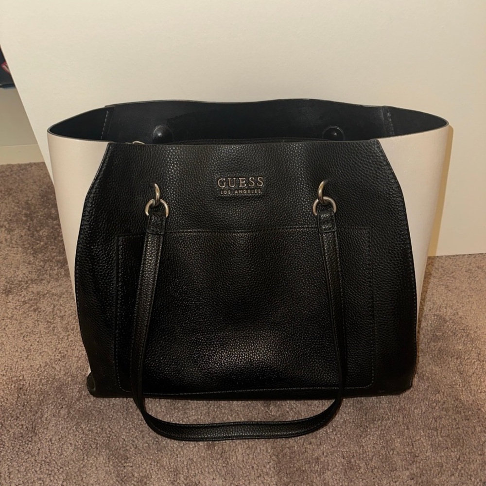 GUESS Black and Cream Pebbled Leather Tote